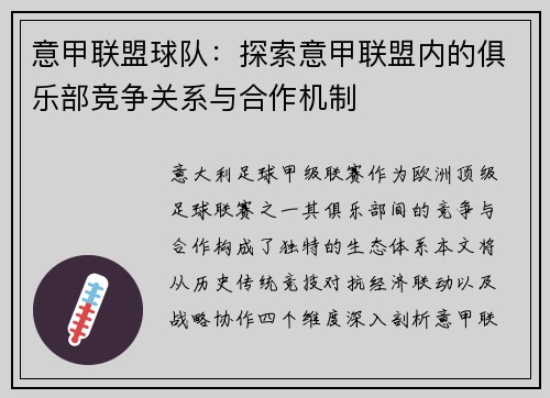 意甲联盟球队：探索意甲联盟内的俱乐部竞争关系与合作机制
